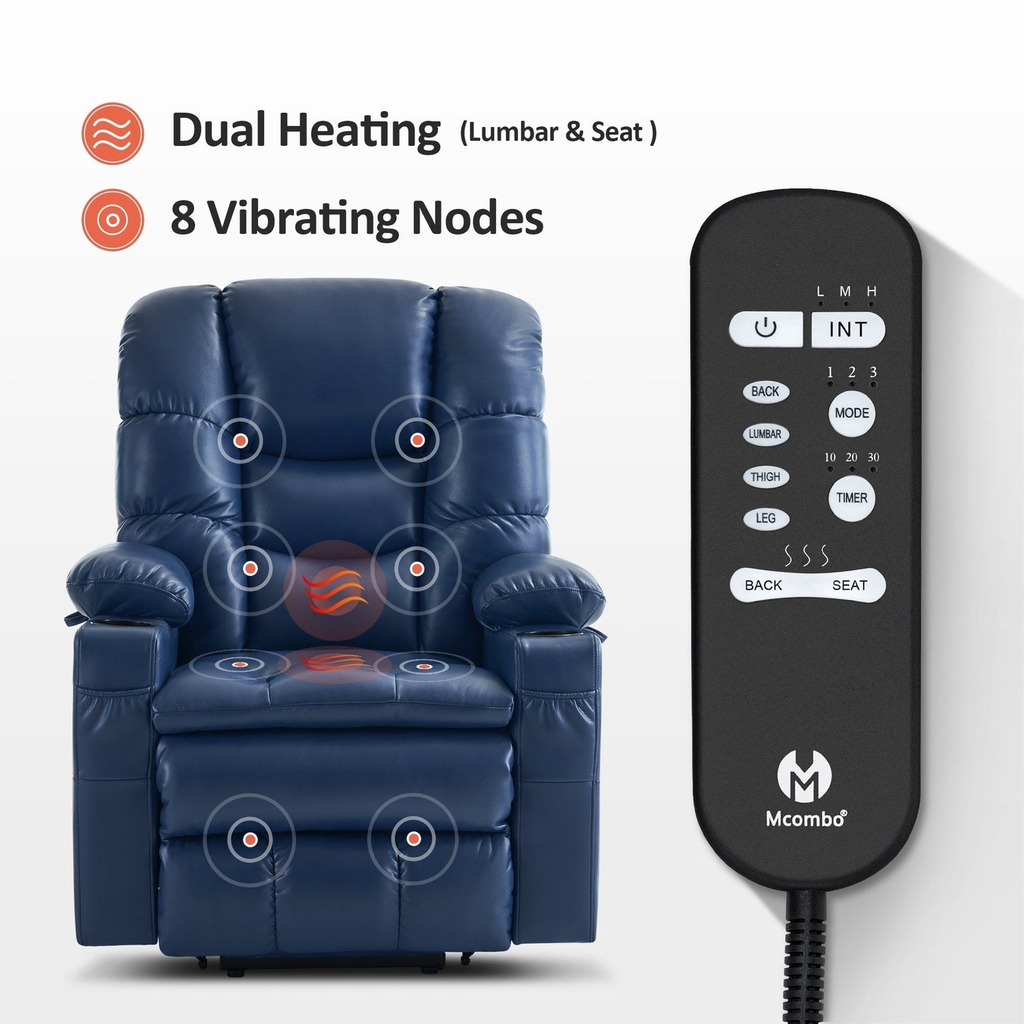 Fauteuil inclinable électrique à double moteur MCombo, grand format, avec massage et double chauffage, pour personnes âgées, similicuir 7634