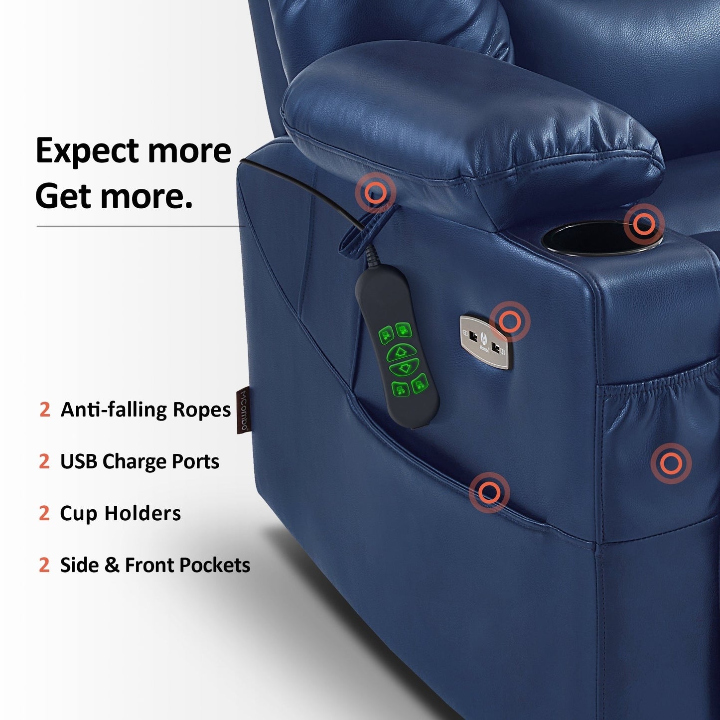 Fauteuil inclinable électrique à double moteur MCombo, grand format, avec massage et double chauffage, pour personnes âgées, similicuir 7634