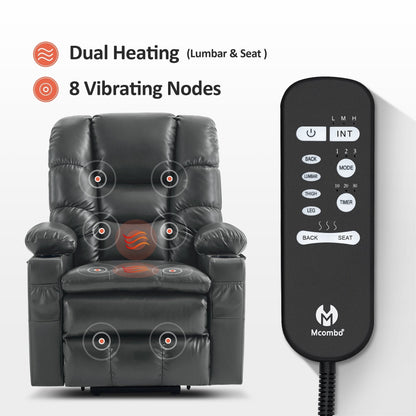 Fauteuil inclinable électrique à double moteur MCombo, grand format, avec massage et double chauffage, pour personnes âgées, similicuir 7634