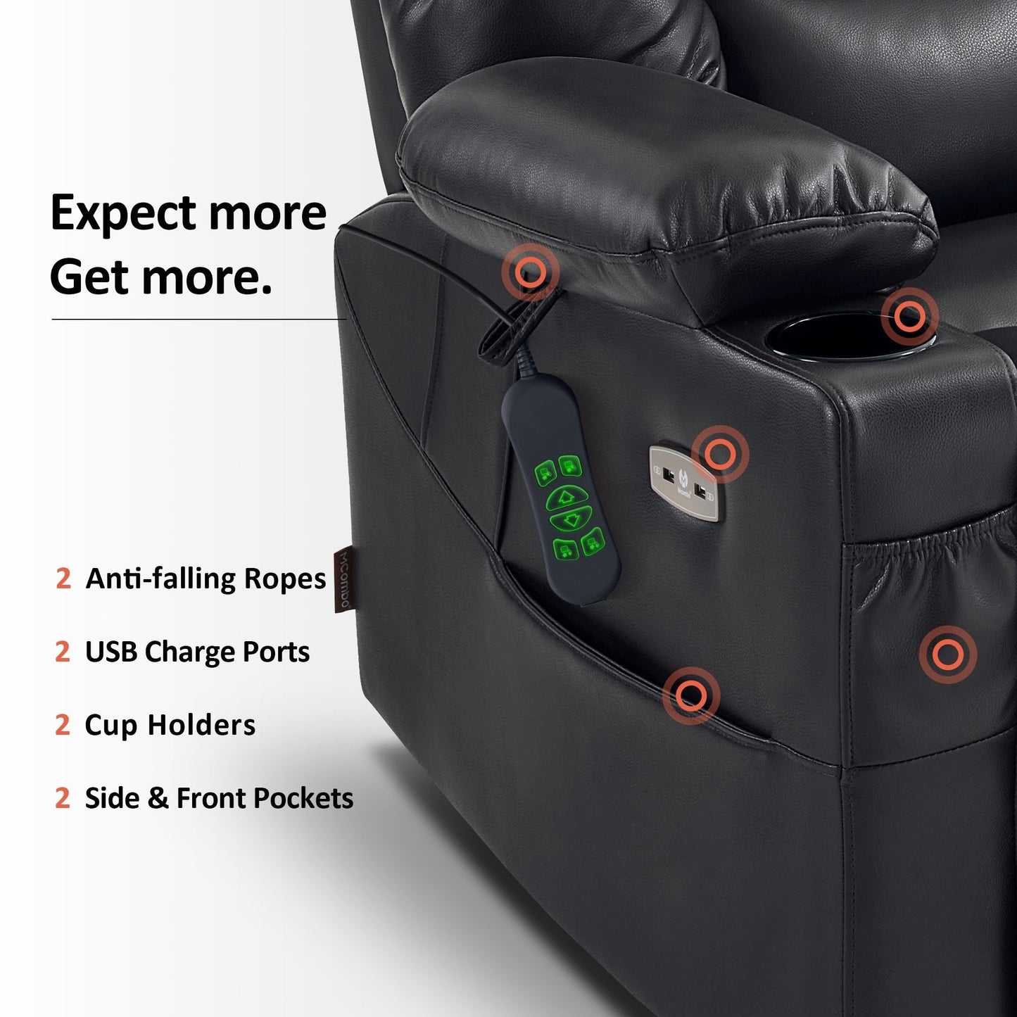 Fauteuil inclinable électrique à double moteur MCombo, grand format, avec massage et double chauffage, pour personnes âgées, similicuir 7634