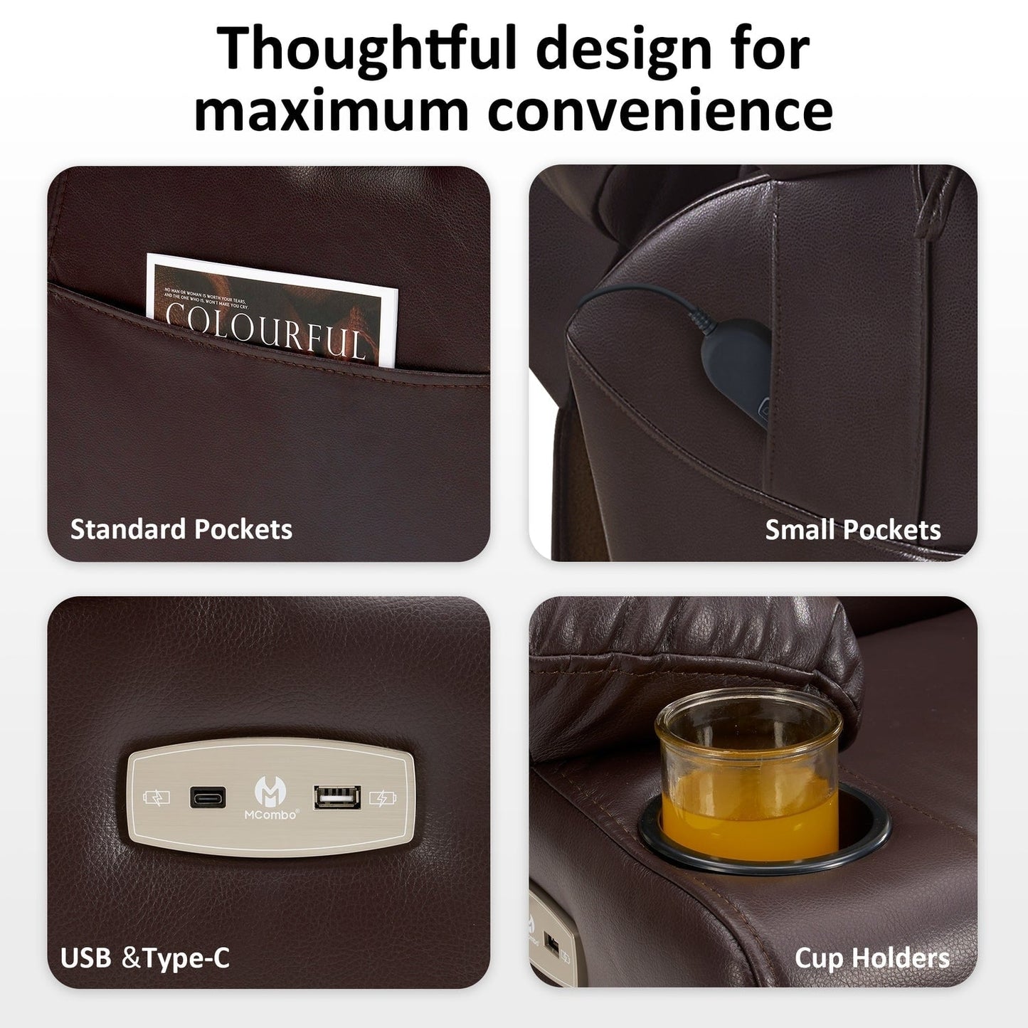 Fauteuil inclinable électrique à double moteur MCombo, grand format, avec massage et double chauffage, pour personnes âgées, similicuir 7634