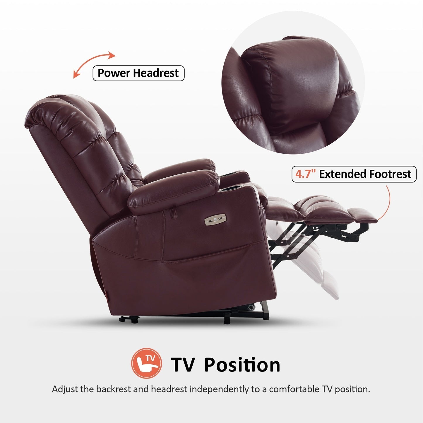 Fauteuil inclinable électrique à double moteur MCombo, grand format, avec massage et double chauffage, pour personnes âgées, similicuir 7634