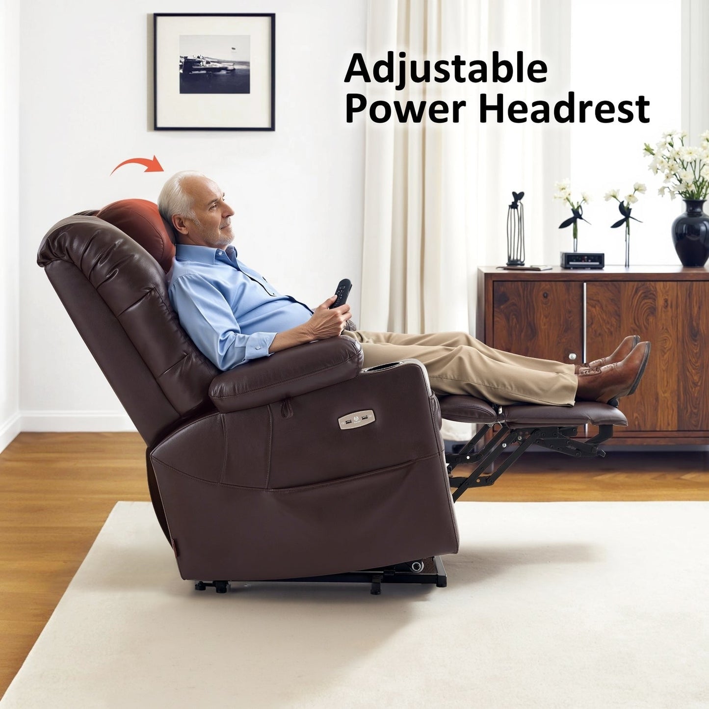 Fauteuil inclinable électrique à double moteur MCombo, grand format, avec massage et double chauffage, pour personnes âgées, similicuir 7634