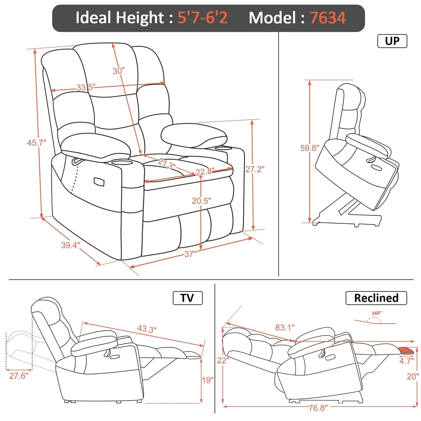 Fauteuil inclinable électrique à double moteur MCombo, grand format, avec massage et double chauffage, pour personnes âgées, similicuir 7634