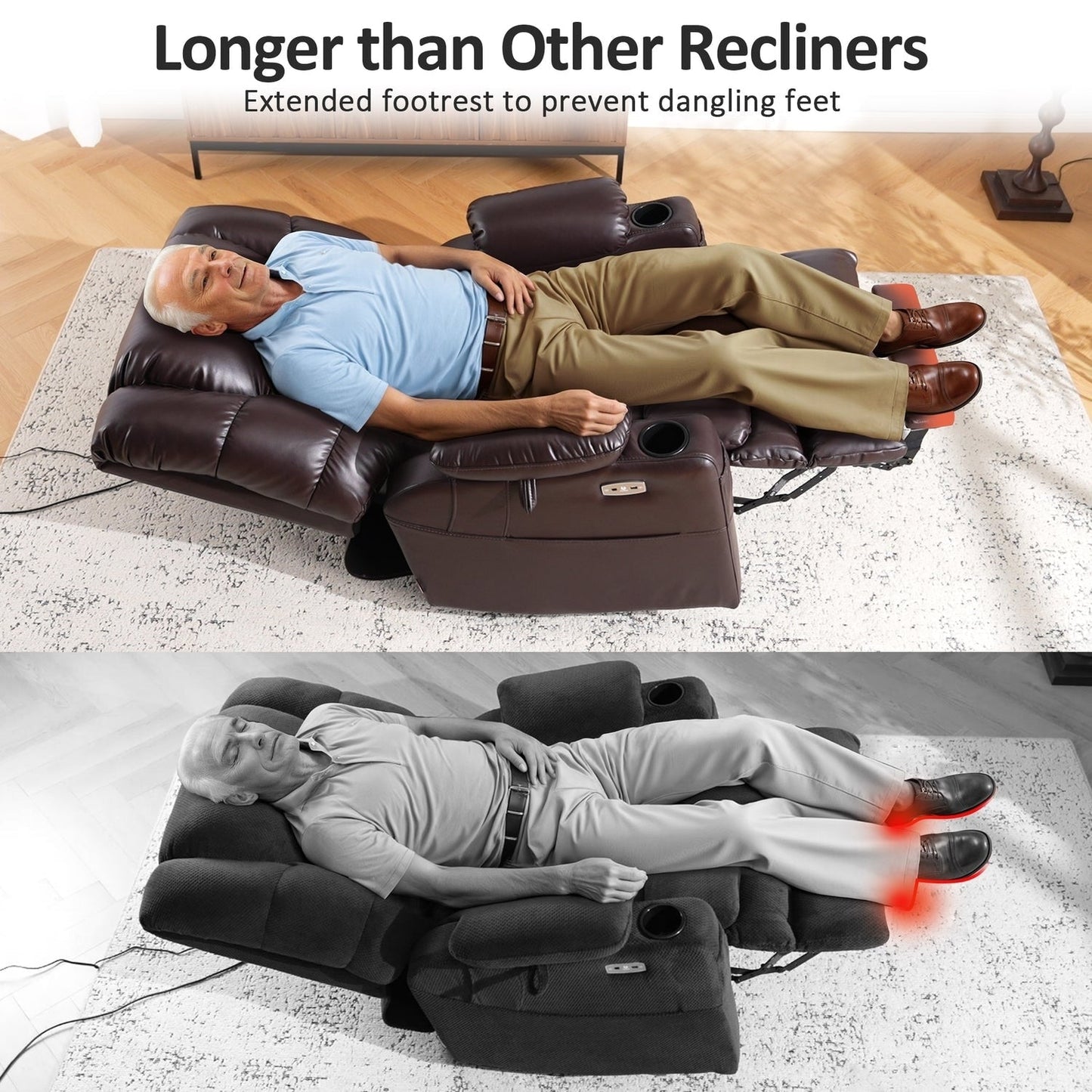 Fauteuil inclinable électrique à double moteur MCombo, grand format, avec massage et double chauffage, pour personnes âgées, similicuir 7634