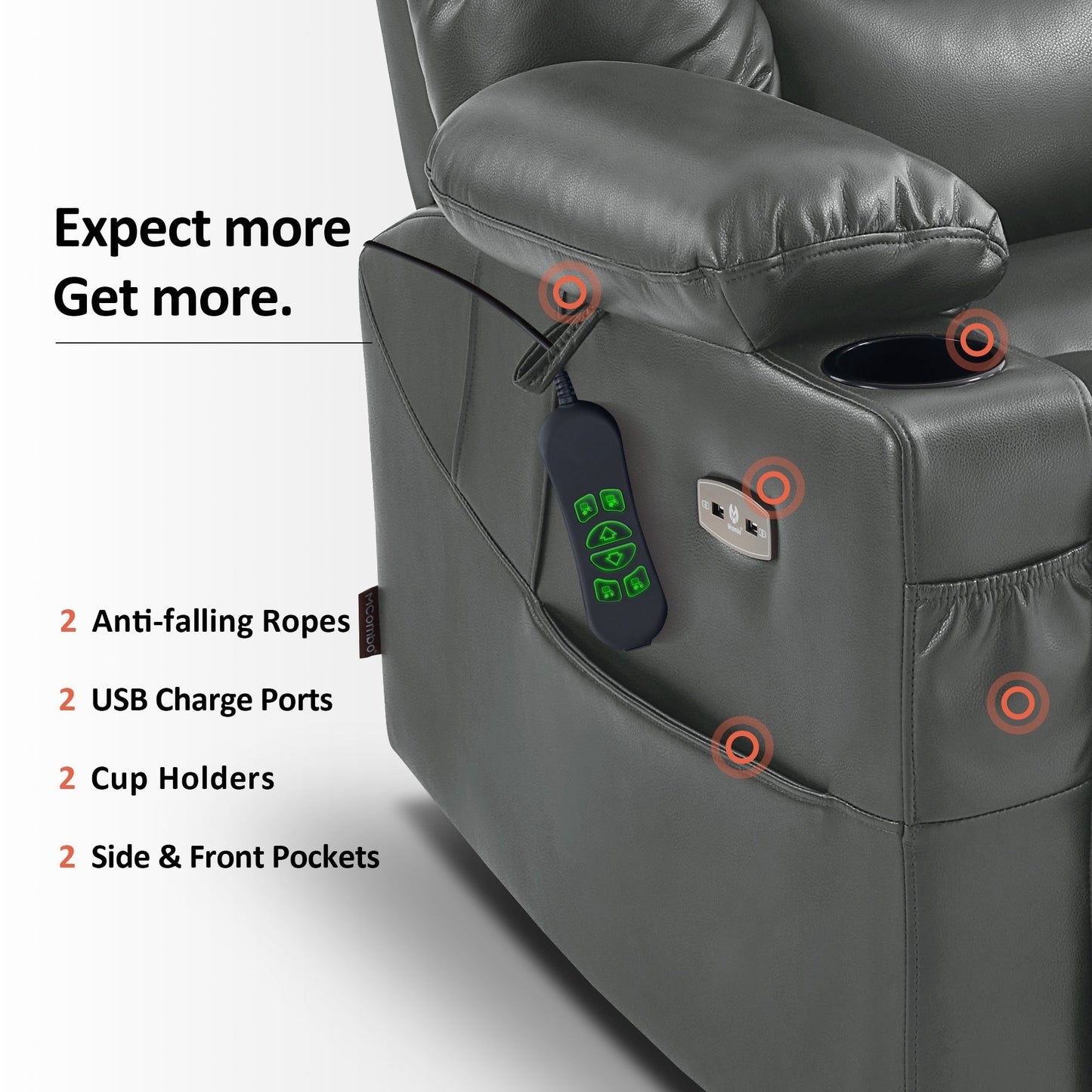 Fauteuil inclinable électrique à double moteur MCombo, grand format, avec massage et double chauffage, pour personnes âgées, similicuir 7634