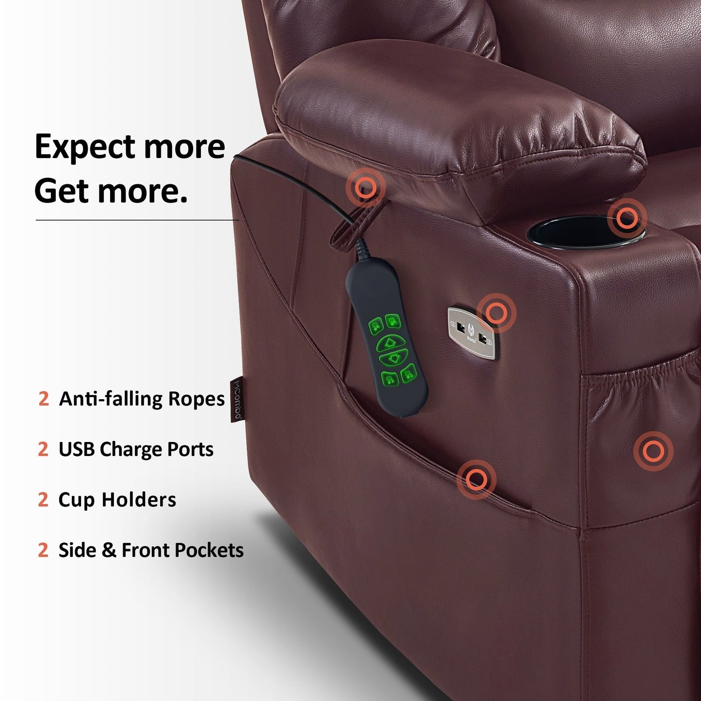 Fauteuil inclinable électrique à double moteur MCombo, grand format, avec massage et double chauffage, pour personnes âgées, similicuir 7634