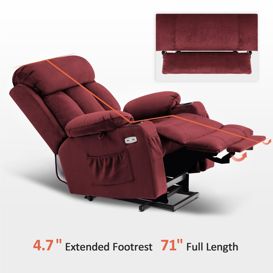 Fauteuil inclinable électrique MCombo grand format avec repose-pieds allongé pour personnes âgées de grande taille, télécommande manuelle, porte-gobelets, tissu 7426