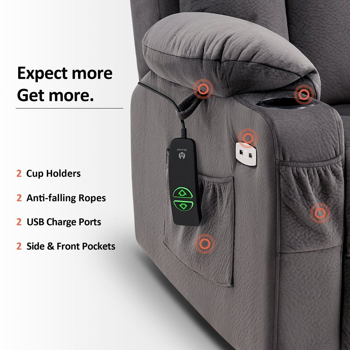 Fauteuil inclinable électrique MCombo grand format avec repose-pieds allongé pour personnes âgées de grande taille, télécommande manuelle, porte-gobelets, tissu 7426