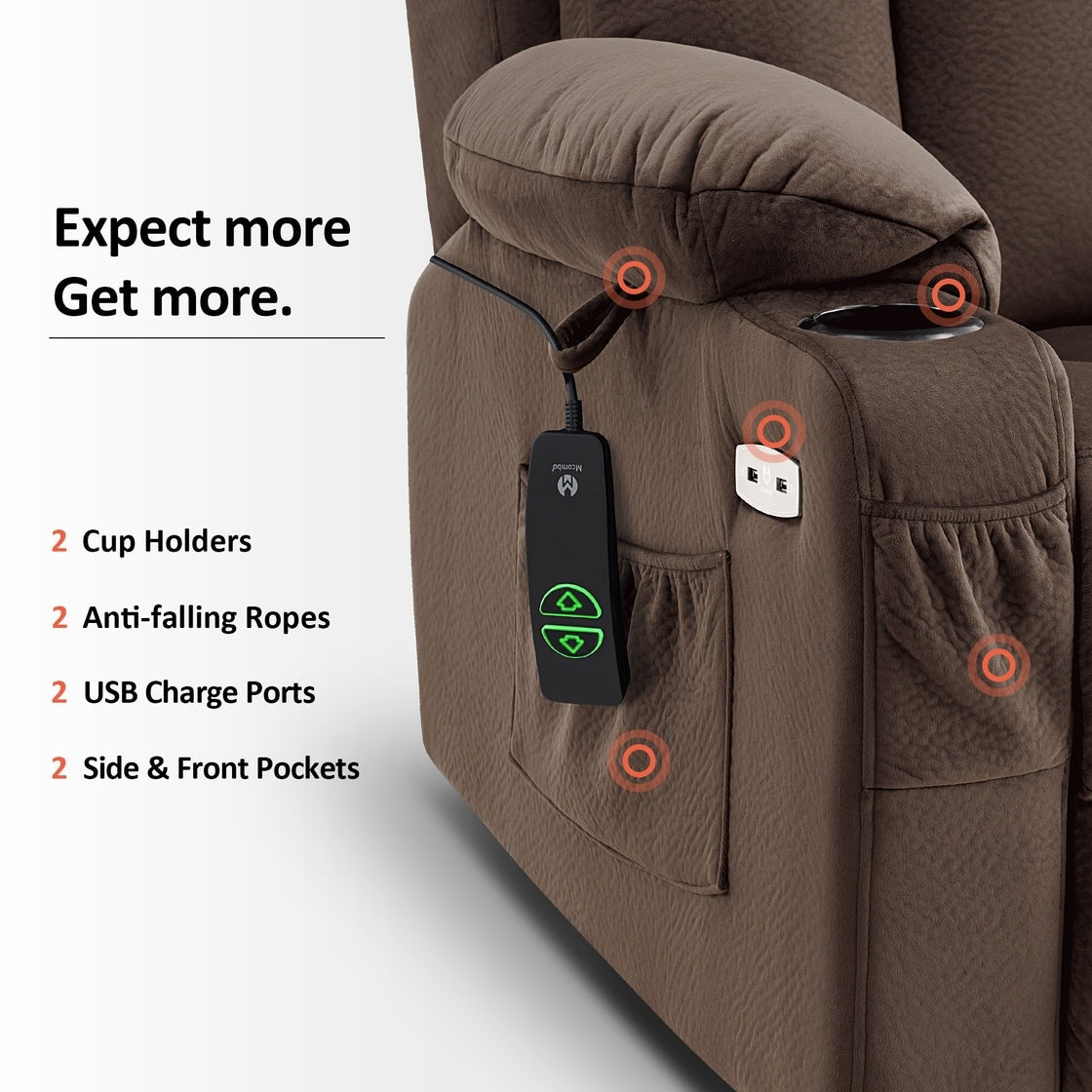 Fauteuil inclinable électrique MCombo grand format avec repose-pieds allongé pour personnes âgées de grande taille, télécommande manuelle, porte-gobelets, tissu 7426