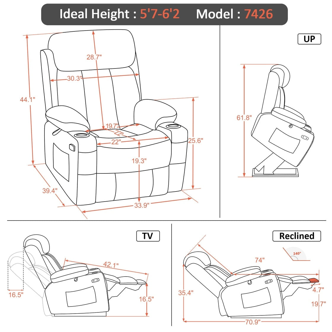 Fauteuil inclinable électrique MCombo grand format avec repose-pieds allongé pour personnes âgées de grande taille, télécommande manuelle, porte-gobelets, tissu 7426