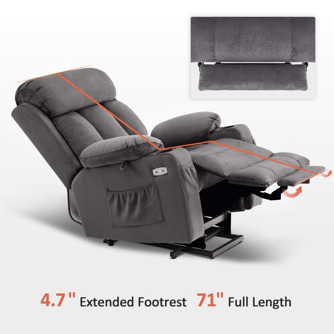 Fauteuil inclinable électrique MCombo grand format avec repose-pieds allongé pour personnes âgées de grande taille, télécommande manuelle, porte-gobelets, tissu 7426