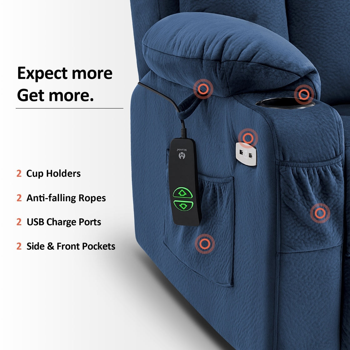 Fauteuil inclinable électrique MCombo grand format avec repose-pieds allongé pour personnes âgées de grande taille, télécommande manuelle, porte-gobelets, tissu 7426