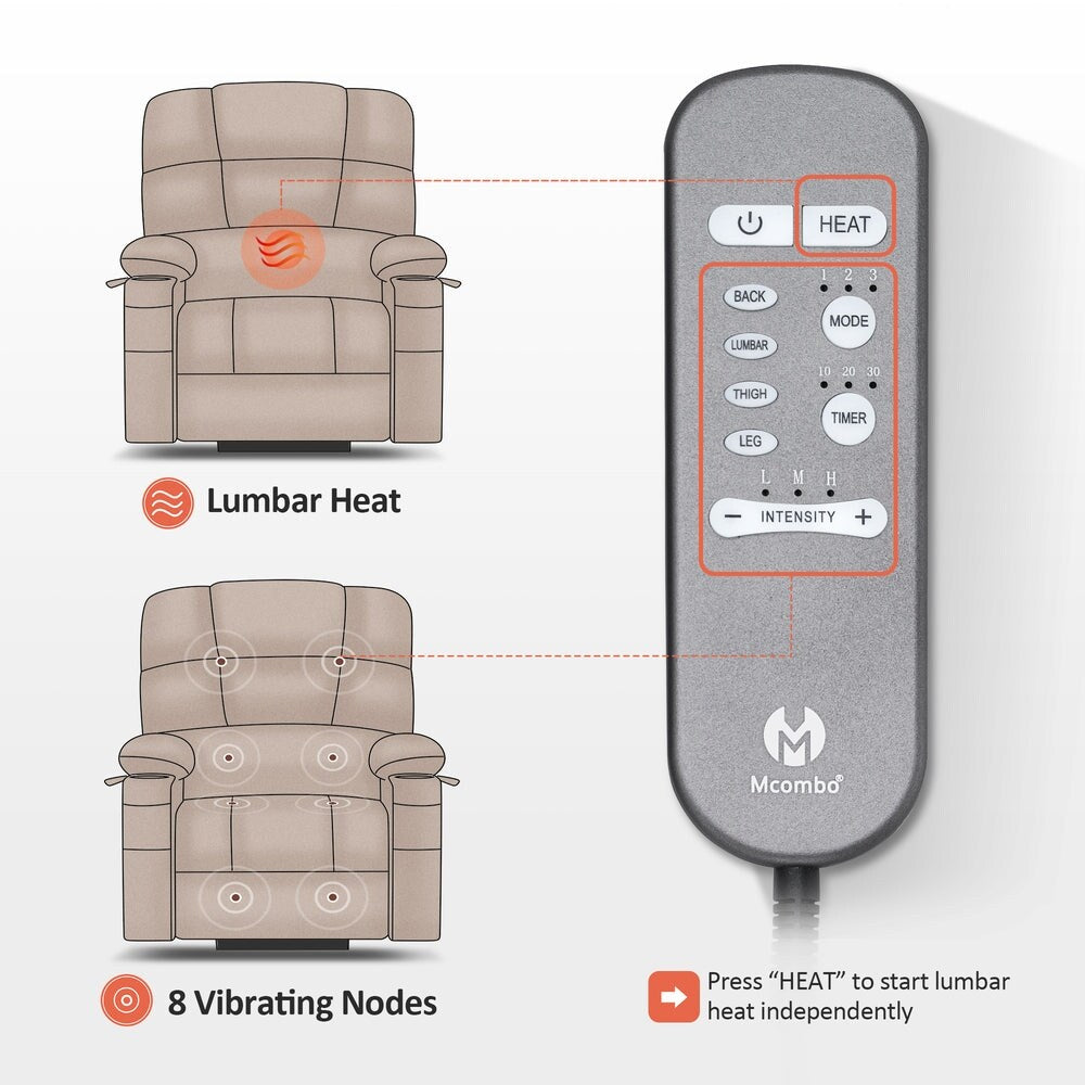 Fauteuil inclinable électrique à double moteur MCombo avec massage et chauffage pour personnes âgées, positions infinies, tissu R7677