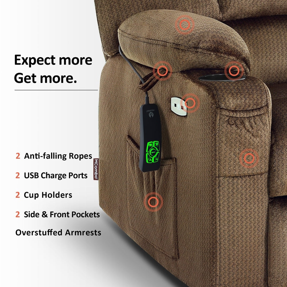 Fauteuil inclinable électrique à double moteur MCombo avec massage et chauffage pour personnes âgées, positions infinies, tissu R7677