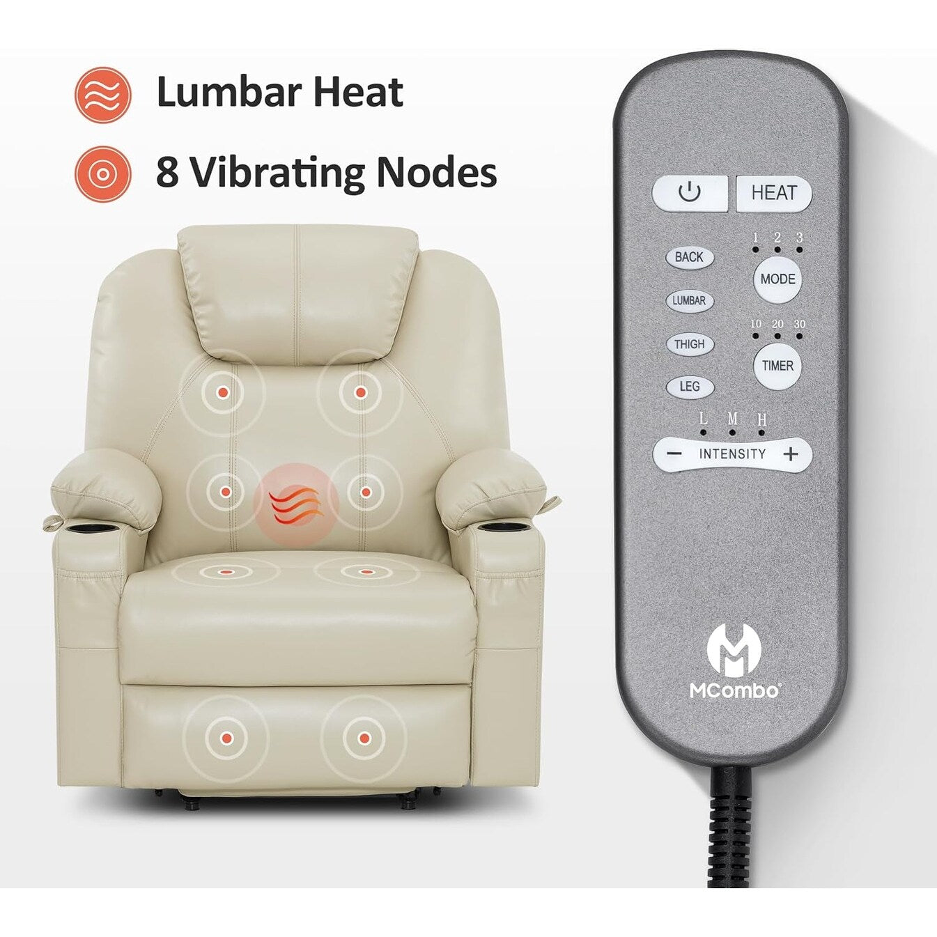 Fauteuil inclinable électrique MCombo de taille moyenne avec massage et chauffage pour personnes âgées, similicuir R7045