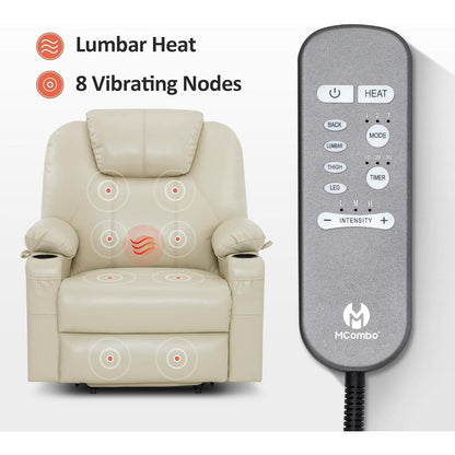 Fauteuil inclinable électrique MCombo de taille moyenne avec massage et chauffage pour personnes âgées, similicuir R7045