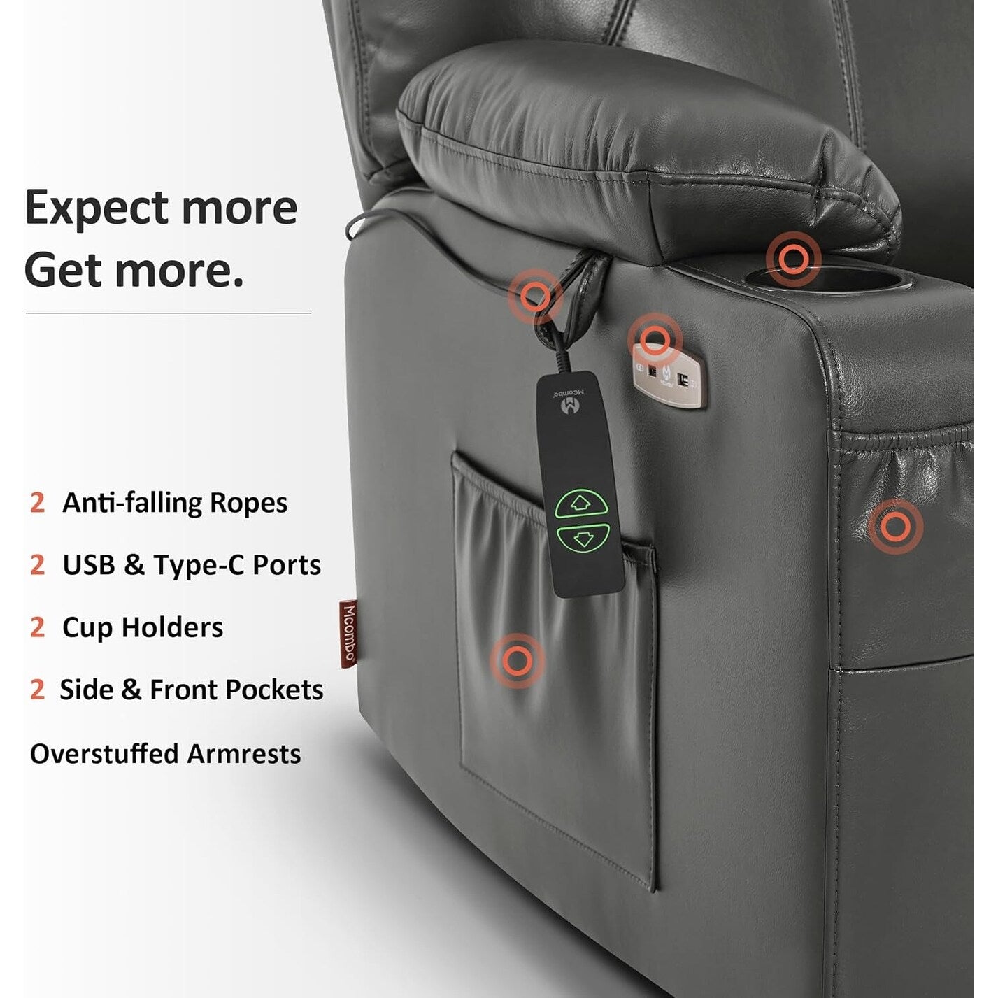 Fauteuil inclinable électrique MCombo de taille moyenne avec massage et chauffage pour personnes âgées, similicuir R7045