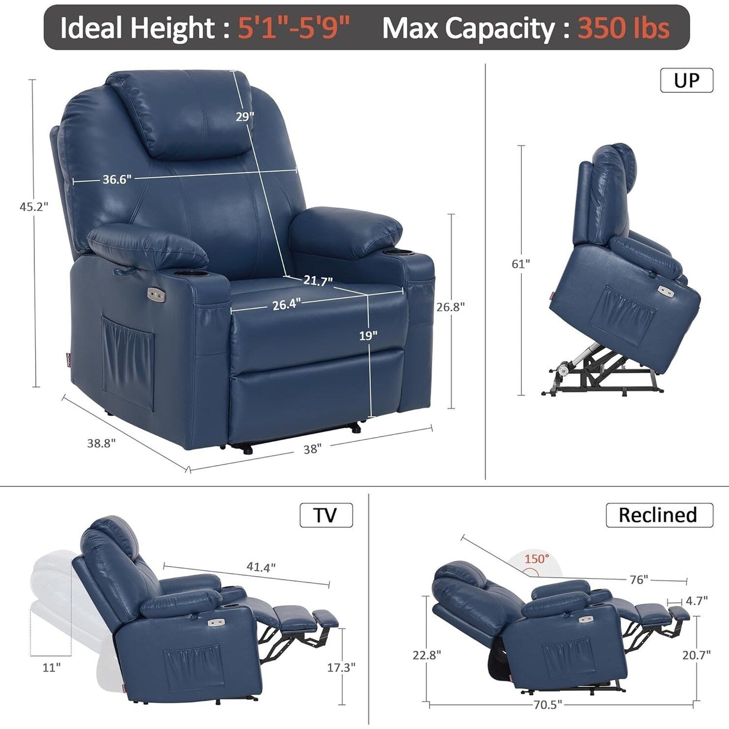 Fauteuil inclinable électrique MCombo de taille moyenne avec massage et chauffage pour personnes âgées, similicuir R7045