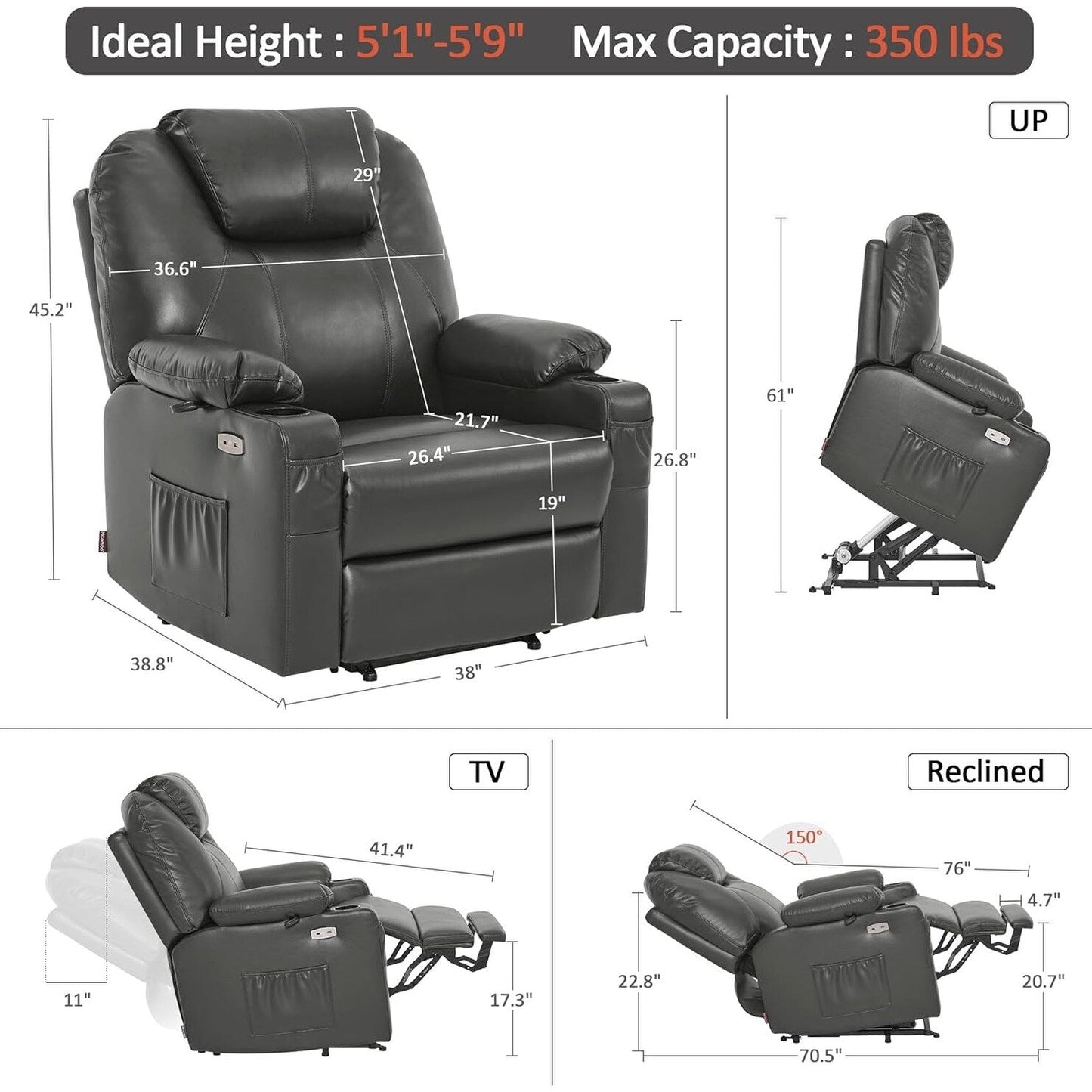 Fauteuil inclinable électrique MCombo de taille moyenne avec massage et chauffage pour personnes âgées, similicuir R7045