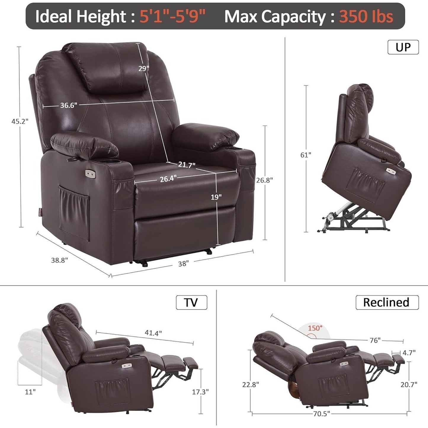 Fauteuil inclinable électrique MCombo de taille moyenne avec massage et chauffage pour personnes âgées, similicuir R7045