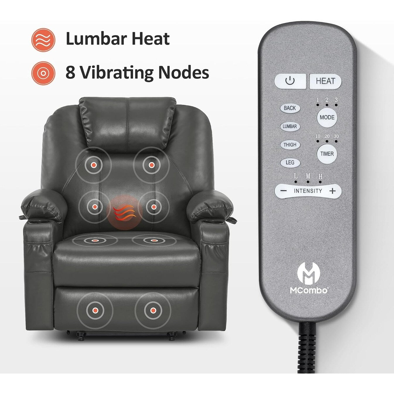 Fauteuil inclinable électrique MCombo de taille moyenne avec massage et chauffage pour personnes âgées, similicuir R7045