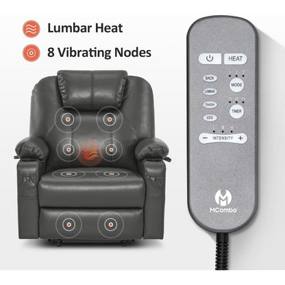 Fauteuil inclinable électrique MCombo de taille moyenne avec massage et chauffage pour personnes âgées, similicuir R7045