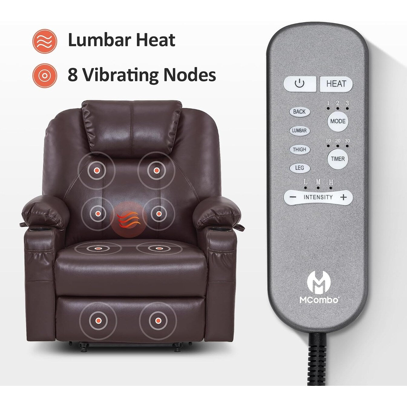 Fauteuil inclinable électrique MCombo de taille moyenne avec massage et chauffage pour personnes âgées, similicuir R7045