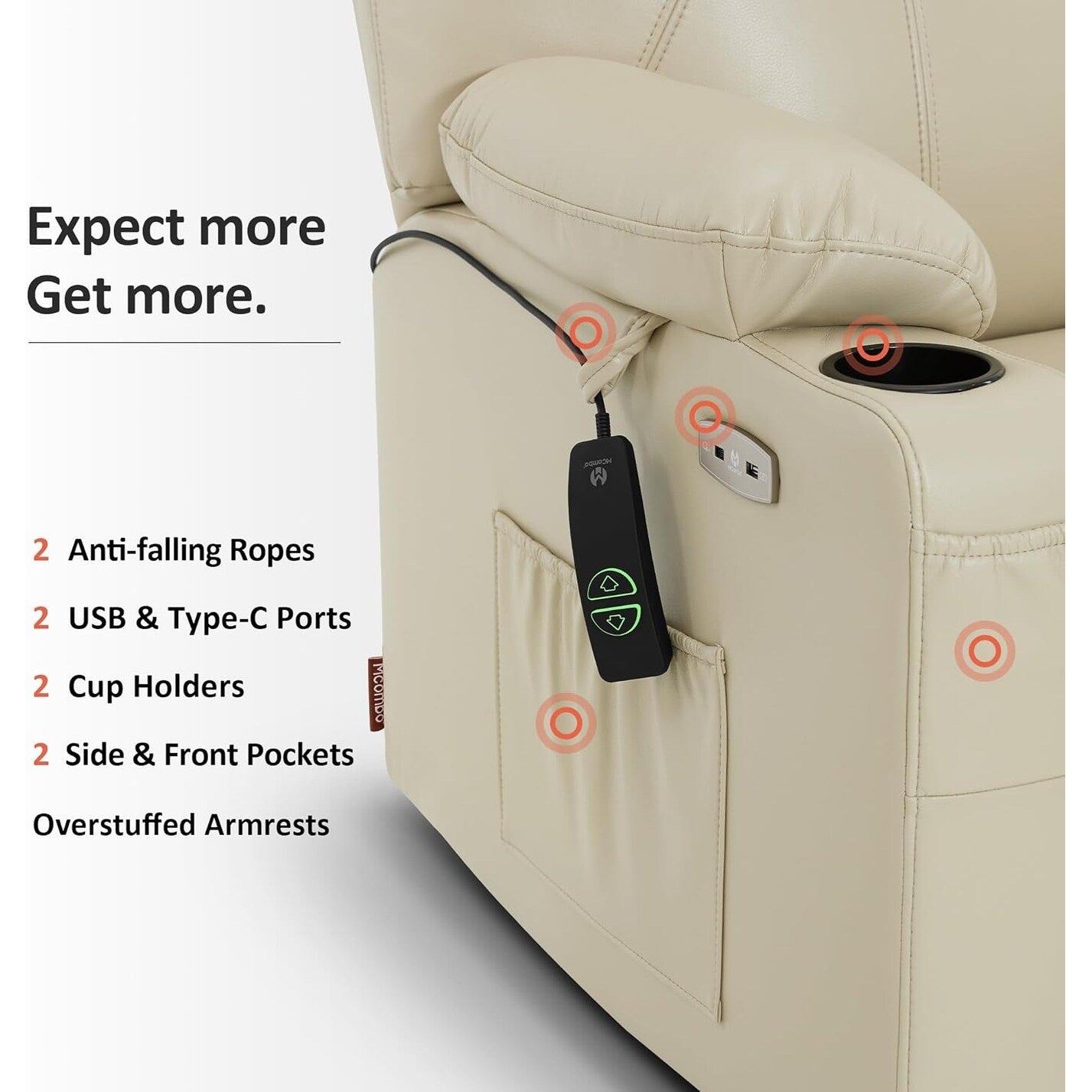 Fauteuil inclinable électrique MCombo de taille moyenne avec massage et chauffage pour personnes âgées, similicuir R7045