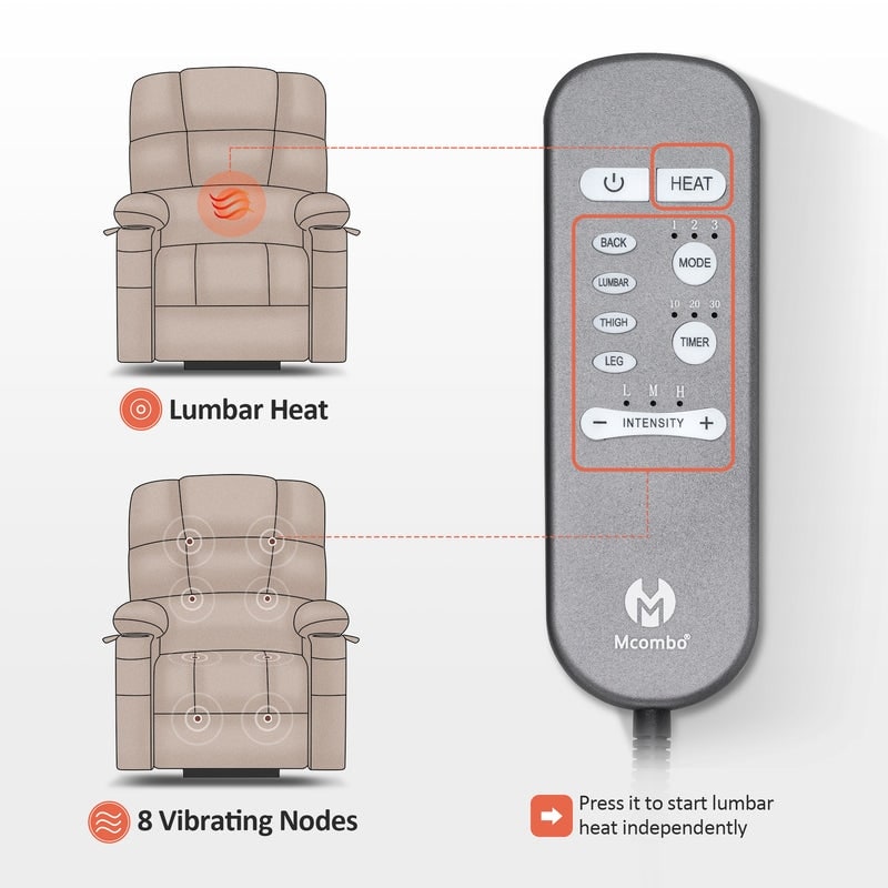 Fauteuil inclinable électrique à double moteur MCombo pour personnes âgées, massage et chauffage, tissu 7680