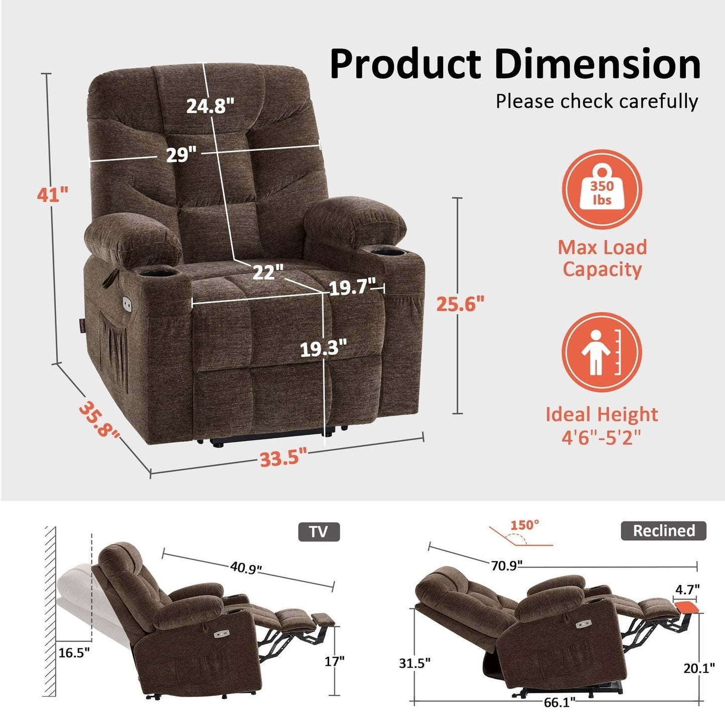 Fauteuil inclinable électrique MCombo avec repose-pieds allongé pour personnes âgées
