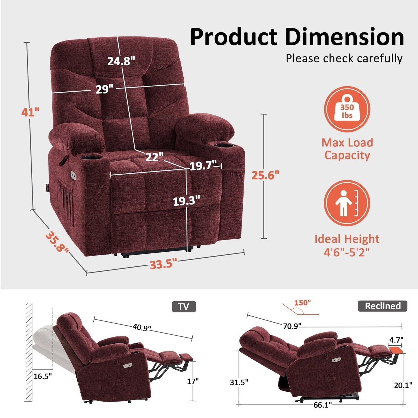 Fauteuil inclinable électrique MCombo avec repose-pieds allongé pour personnes âgées