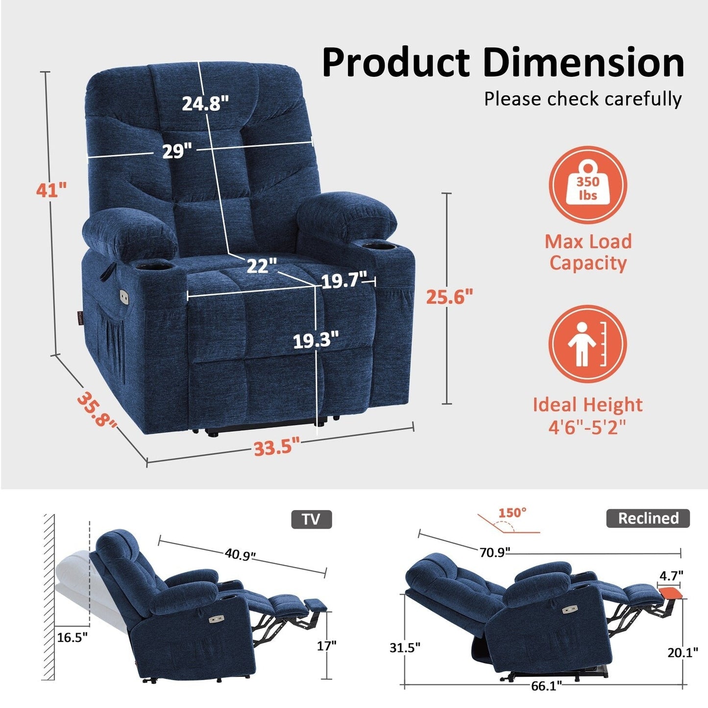 Fauteuil inclinable électrique MCombo avec repose-pieds allongé pour personnes âgées
