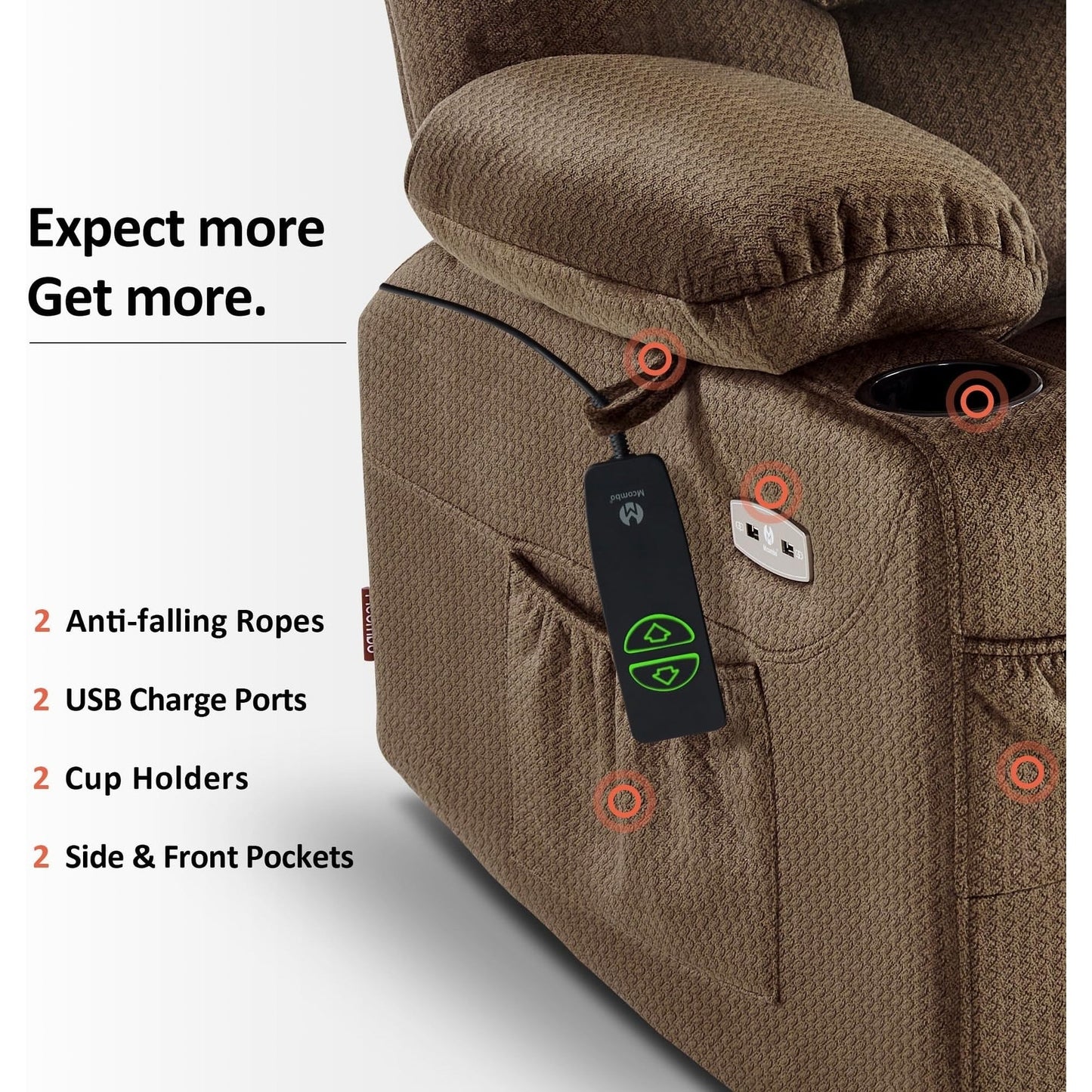 Fauteuil inclinable électrique MCombo avec repose-pieds allongé pour personnes âgées, tissu