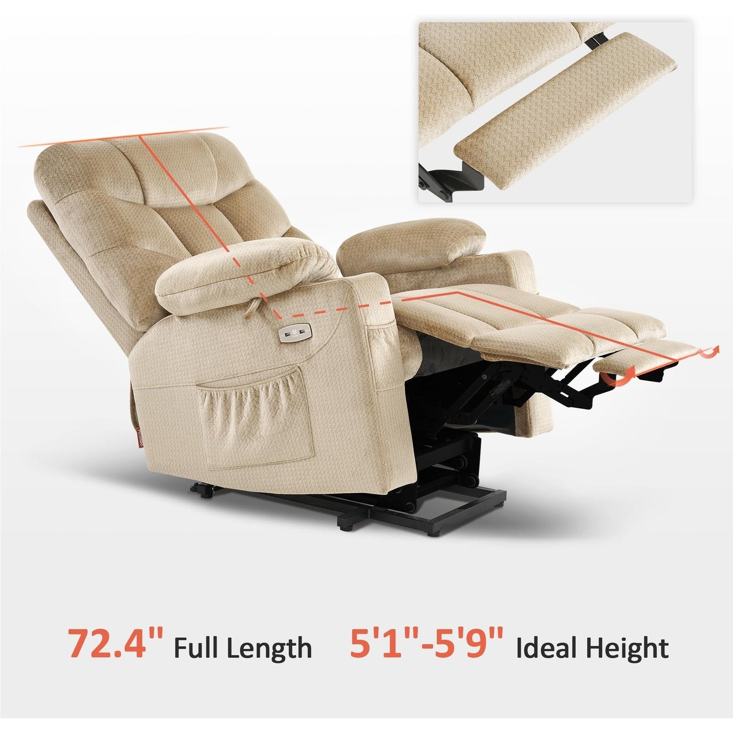 Fauteuil inclinable électrique MCombo avec repose-pieds allongé pour personnes âgées, tissu