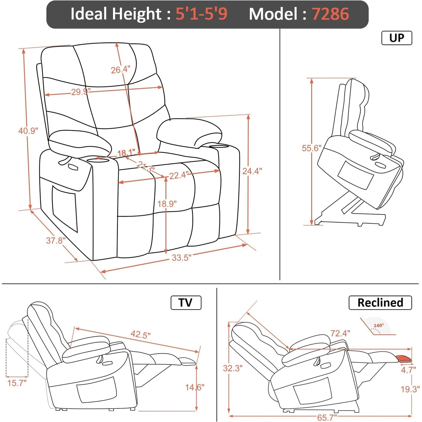 Fauteuil inclinable électrique MCombo avec repose-pieds allongé pour personnes âgées, tissu