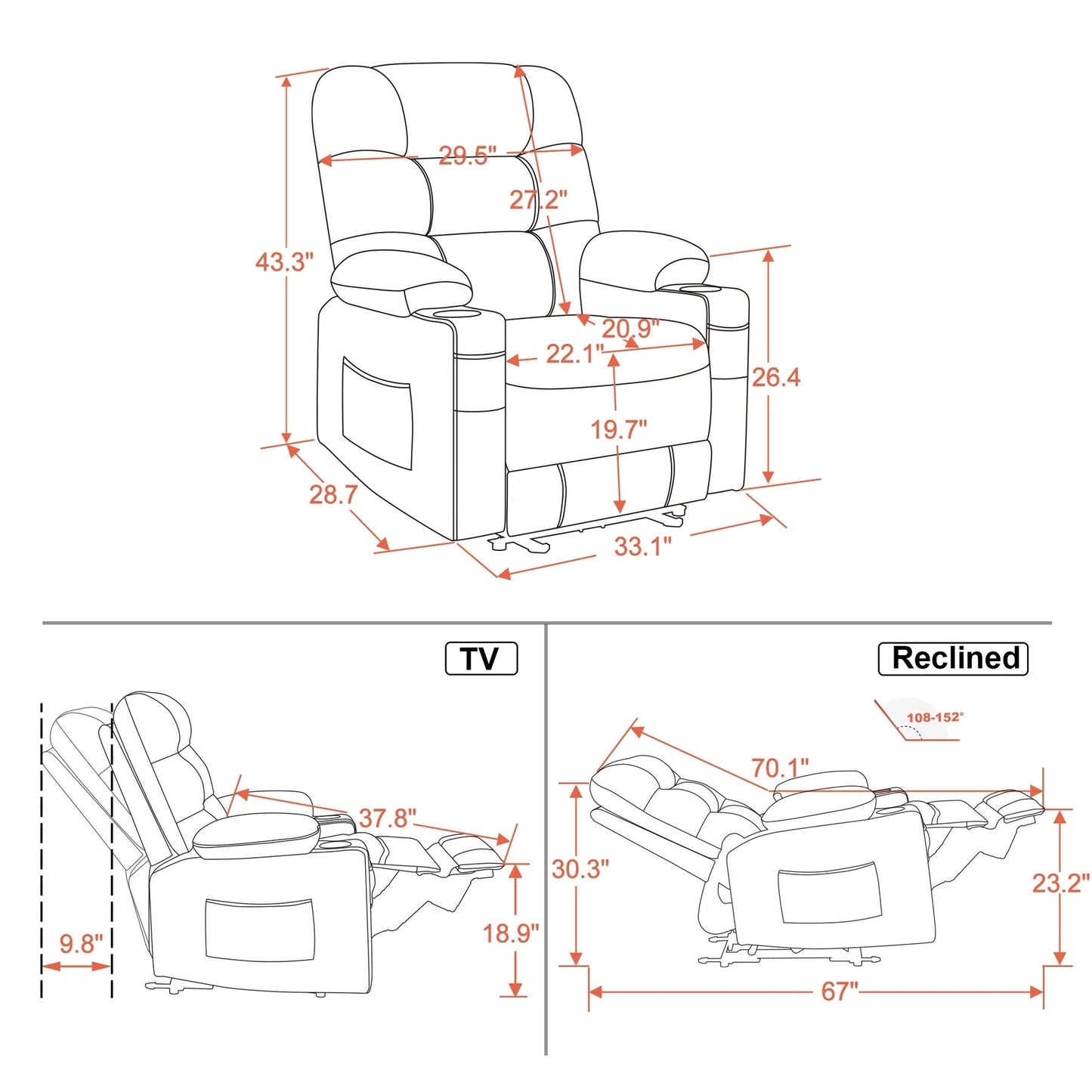 Fauteuil inclinable électrique MCombo avec chauffage et massage, cuir PR621