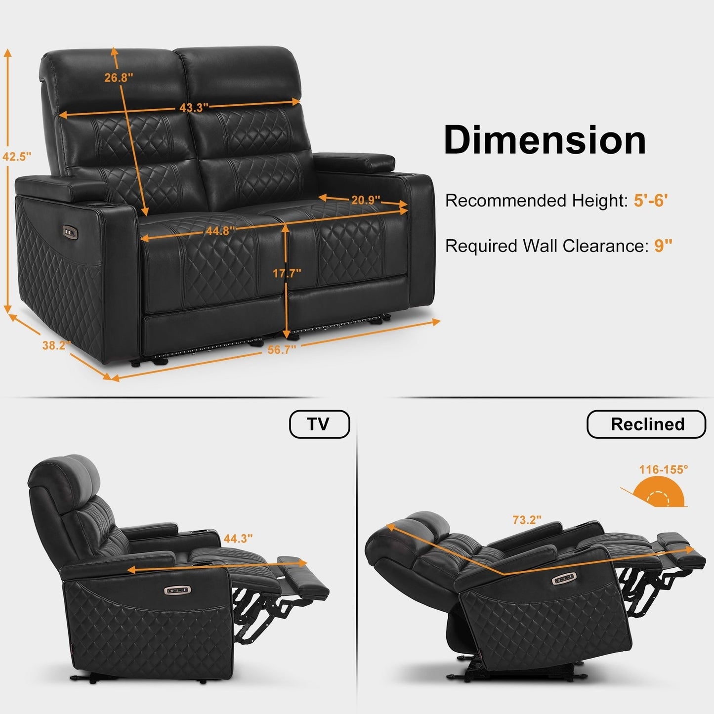 Canapé inclinable électrique MCombo avec appuie-têtes réglables, siège home cinéma avec rangement pour accoudoirs, similicuir HTS470