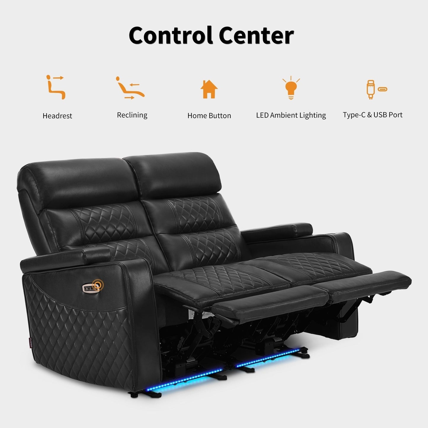 Canapé inclinable électrique MCombo avec appuie-têtes réglables, siège home cinéma avec rangement pour accoudoirs, similicuir HTS470