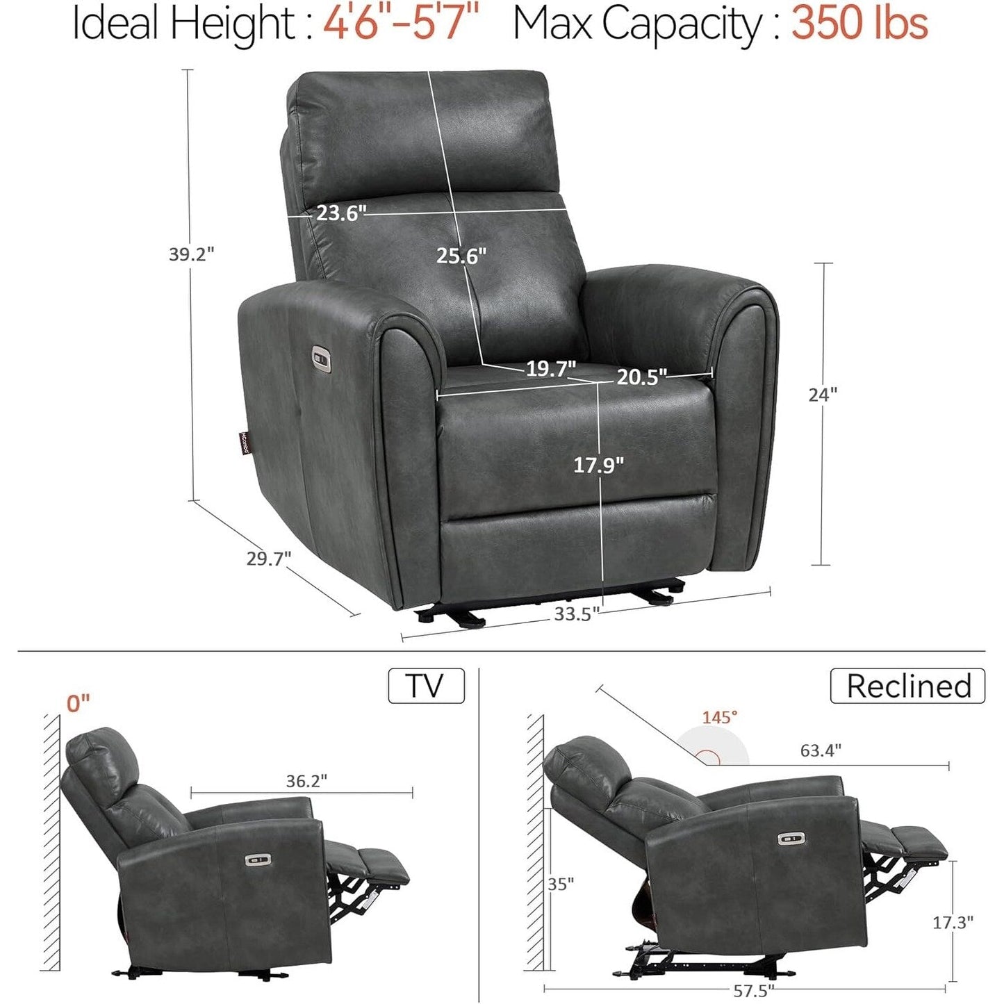 Fauteuils inclinables électriques MCombo de petite taille, fauteuil inclinable moderne sans appuie-mur avec support lombaire, ports USB et de chargement, certifié FSC