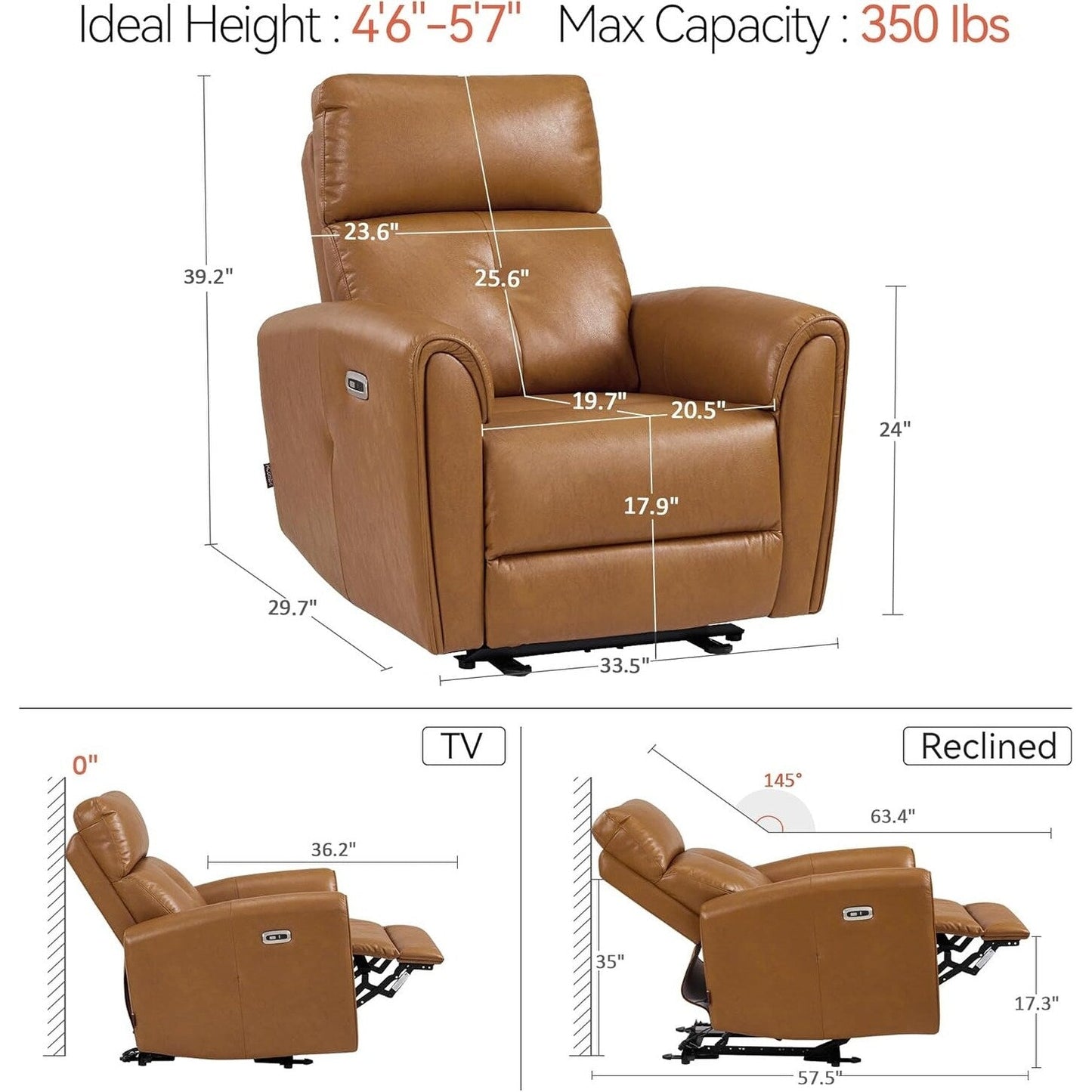 Fauteuils inclinables électriques MCombo de petite taille, fauteuil inclinable moderne sans appuie-mur avec support lombaire, ports USB et de chargement, certifié FSC