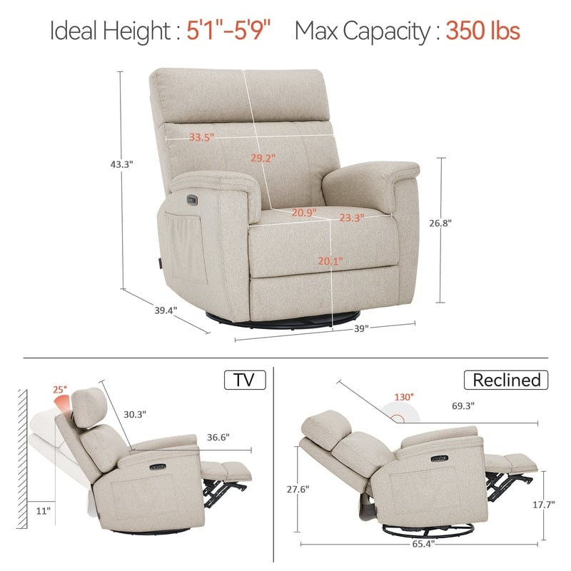 Fauteuil inclinable pivotant et motorisé MCombo pour chambre d'enfant, tissu PR601