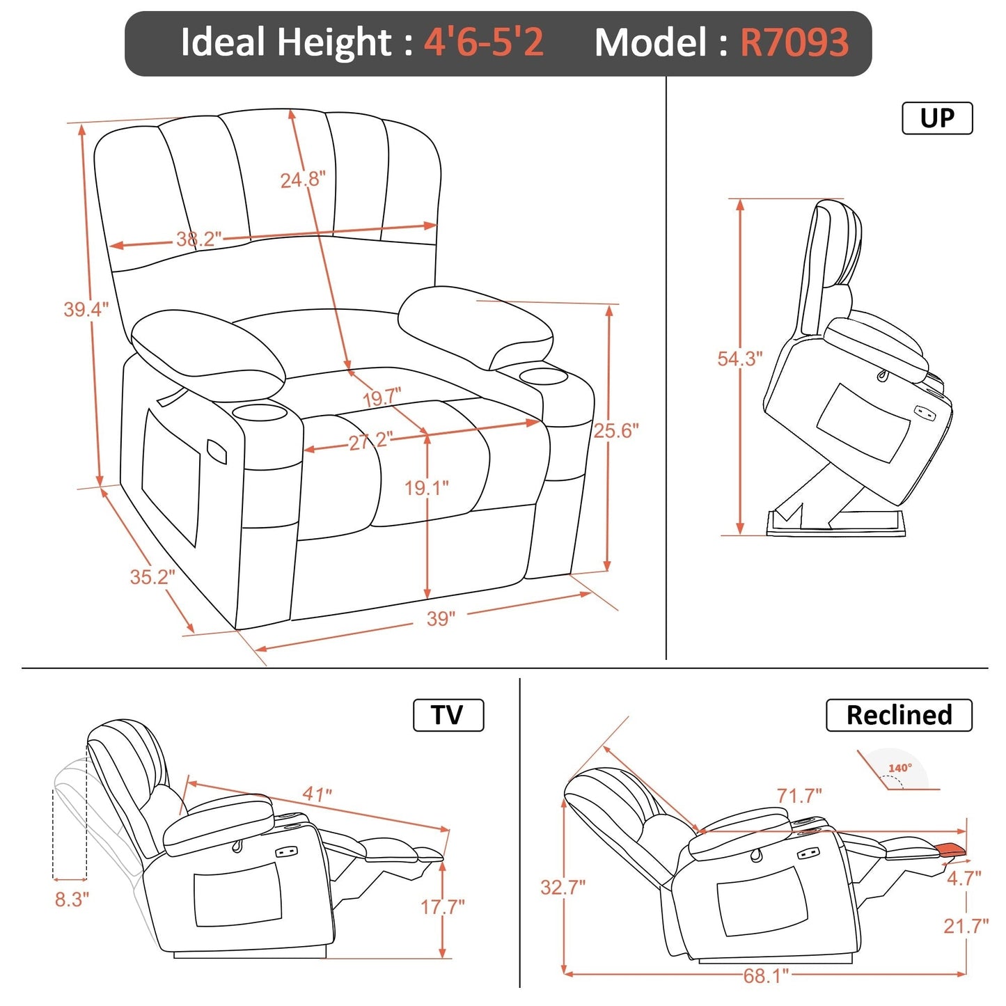 Fauteuil inclinable combiné M avec massage et chauffage pour personnes âgées de grande taille, tissu R7093 (petit-large)