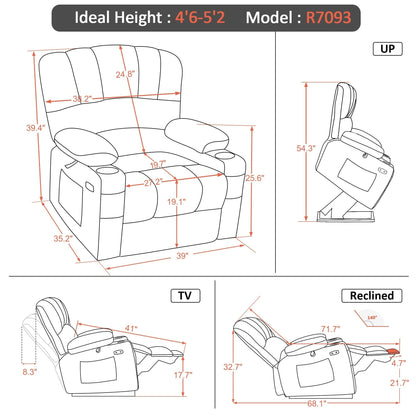 Fauteuil inclinable combiné M avec massage et chauffage pour personnes âgées de grande taille, tissu R7093 (petit-large)