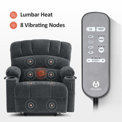 Fauteuil inclinable combiné M avec massage et chauffage pour personnes âgées de grande taille, tissu R7093 (petit-large)