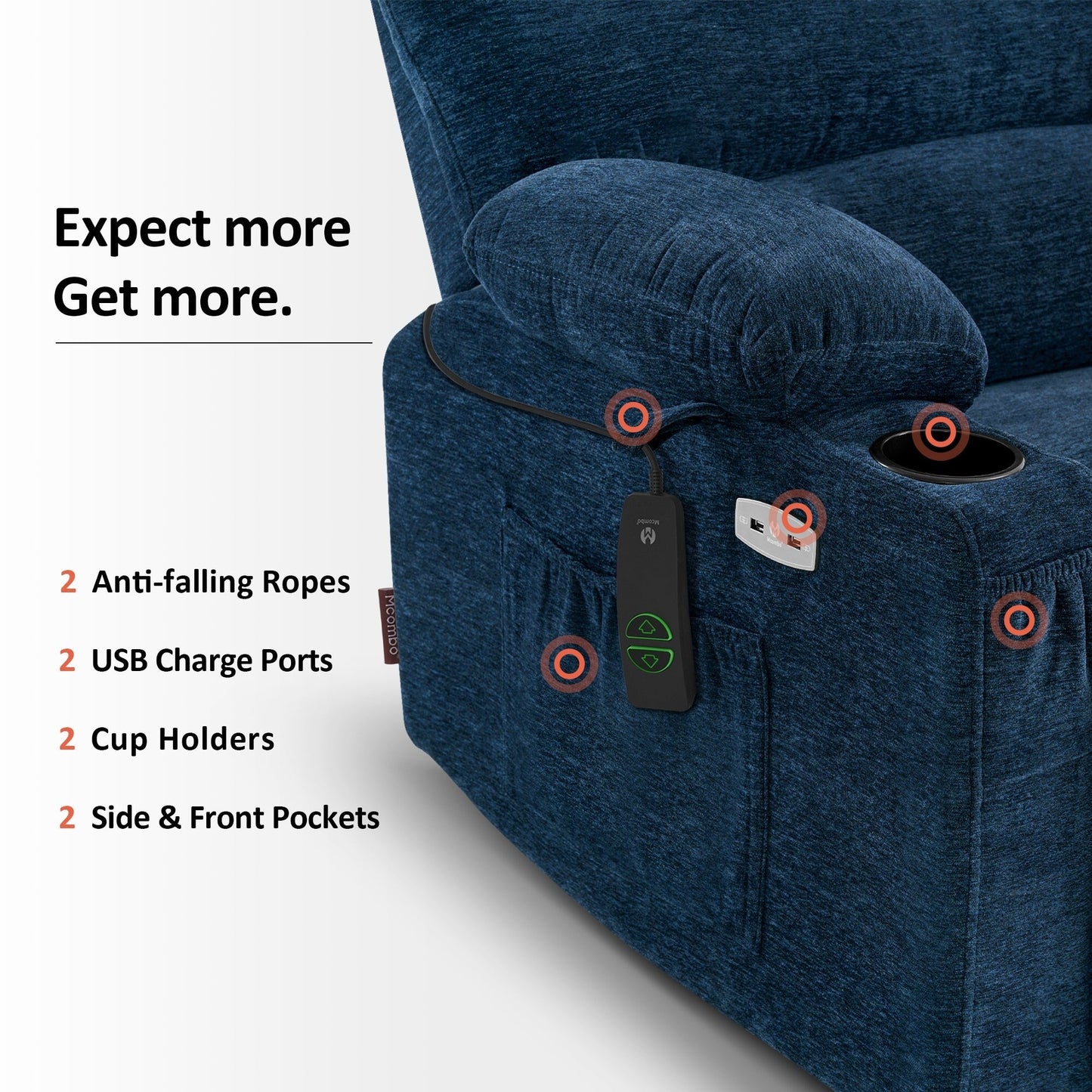 Fauteuil inclinable combiné M avec massage et chauffage pour personnes âgées de grande taille, tissu R7093 (petit-large)