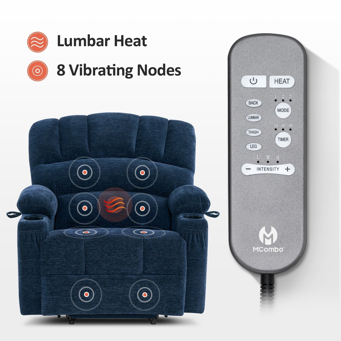 Fauteuil inclinable combiné M avec massage et chauffage pour personnes âgées de grande taille, tissu R7093 (petit-large)