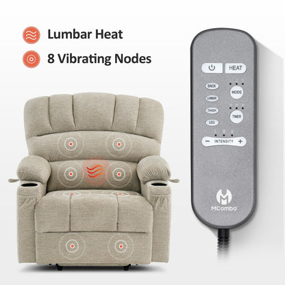 Fauteuil inclinable combiné M avec massage et chauffage pour personnes âgées de grande taille, tissu R7093 (petit-large)