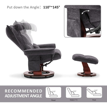 Ensemble de 2 fauteuils inclinables pivotants avec pouf et coussin de nuque, tissu chenille