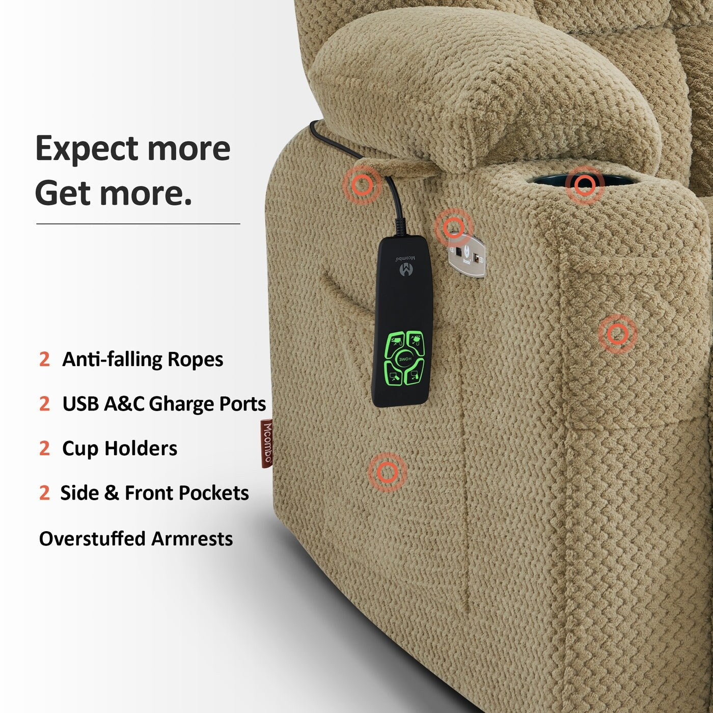 Fauteuil inclinable électrique à double moteur MCombo, petit format, avec massage et chauffage, positions infinies, ports USB, tissu 7893